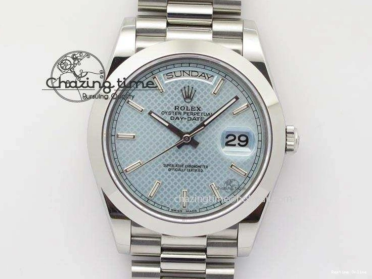0112 DayDate 40mm BP-Maker 228206 SS Ice Blue Stick Dial (Smooth Bezel) On SS Bracelet ETA FreshLook 3913